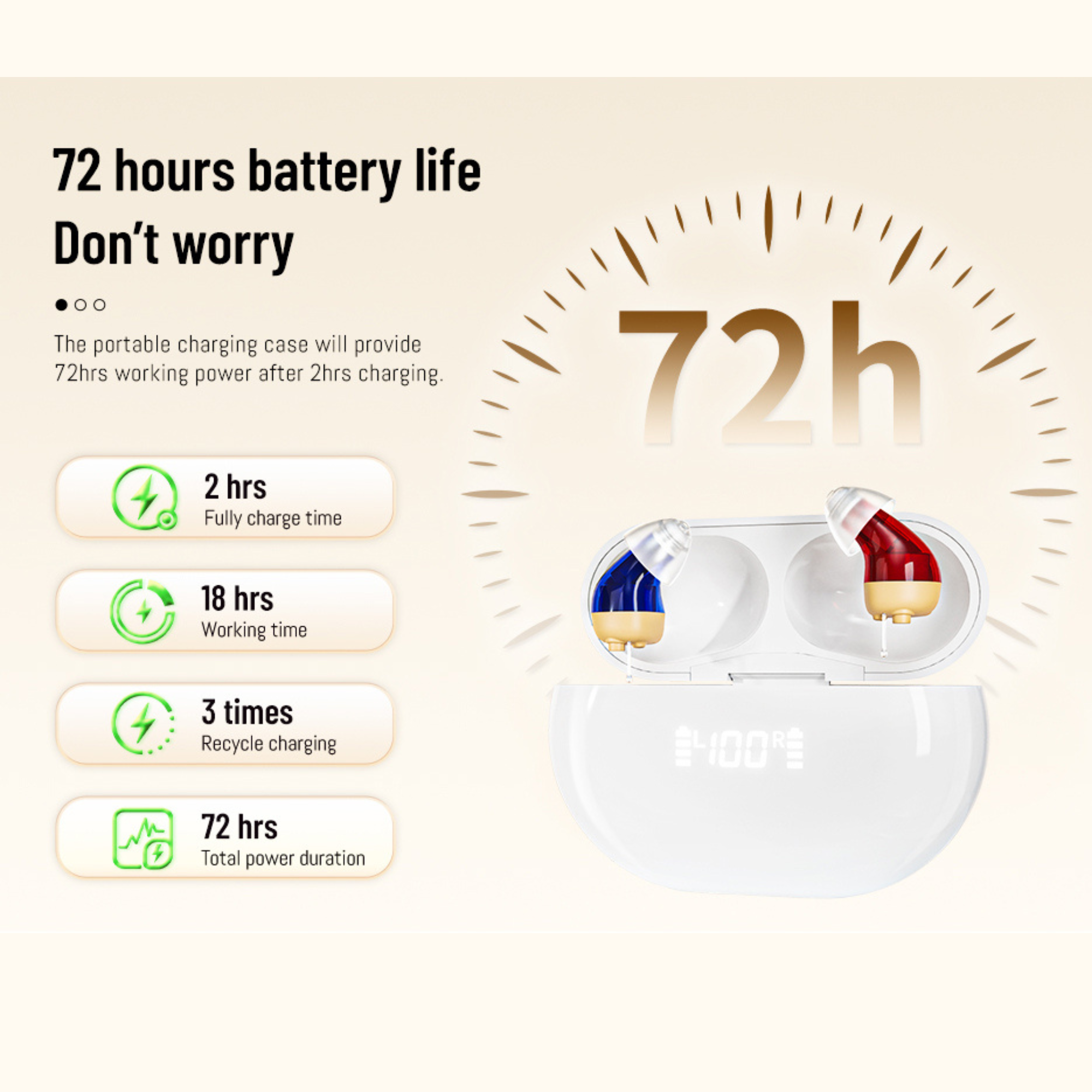 Wireless earbuds with charging case and battery life information on a beige background