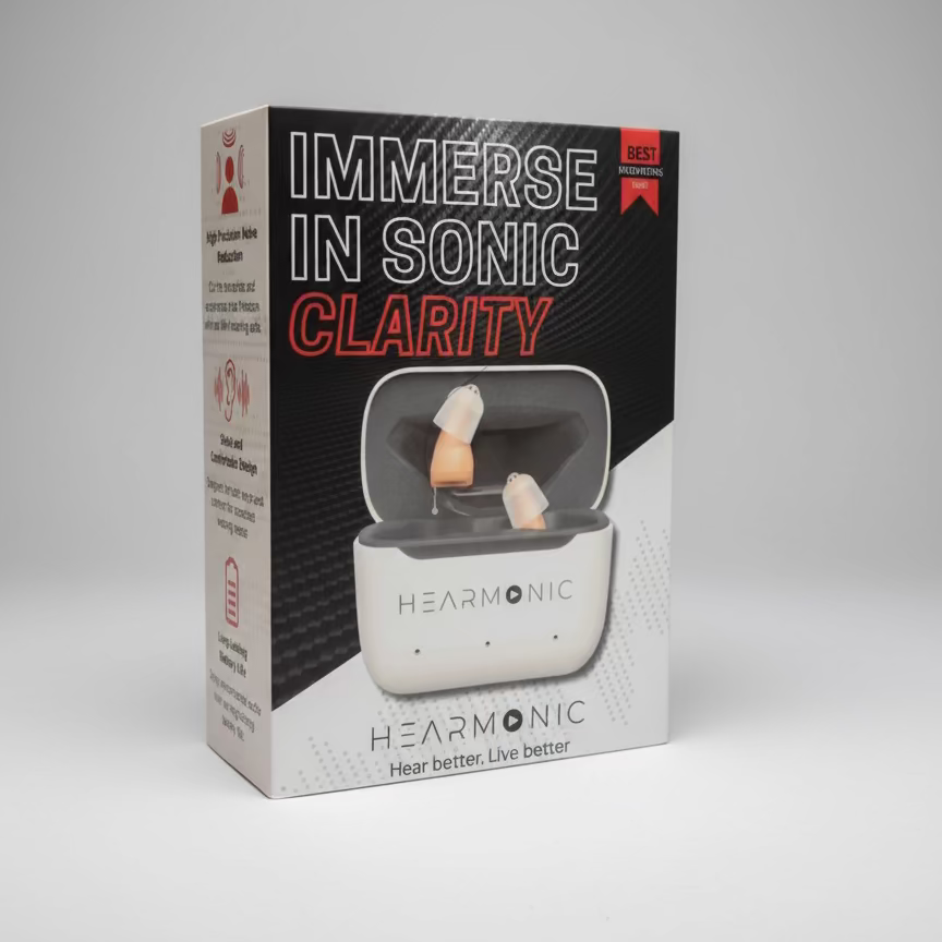 Hearmonic hearing aid packaging with 'Immerse in Sonic Clarity' text on a gray background