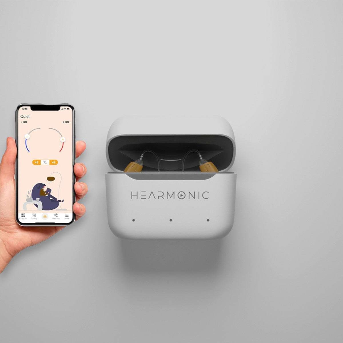 otc hearing aids with Bluetooth showcasing Hearmonic Luna BTE design and smartphone app integration