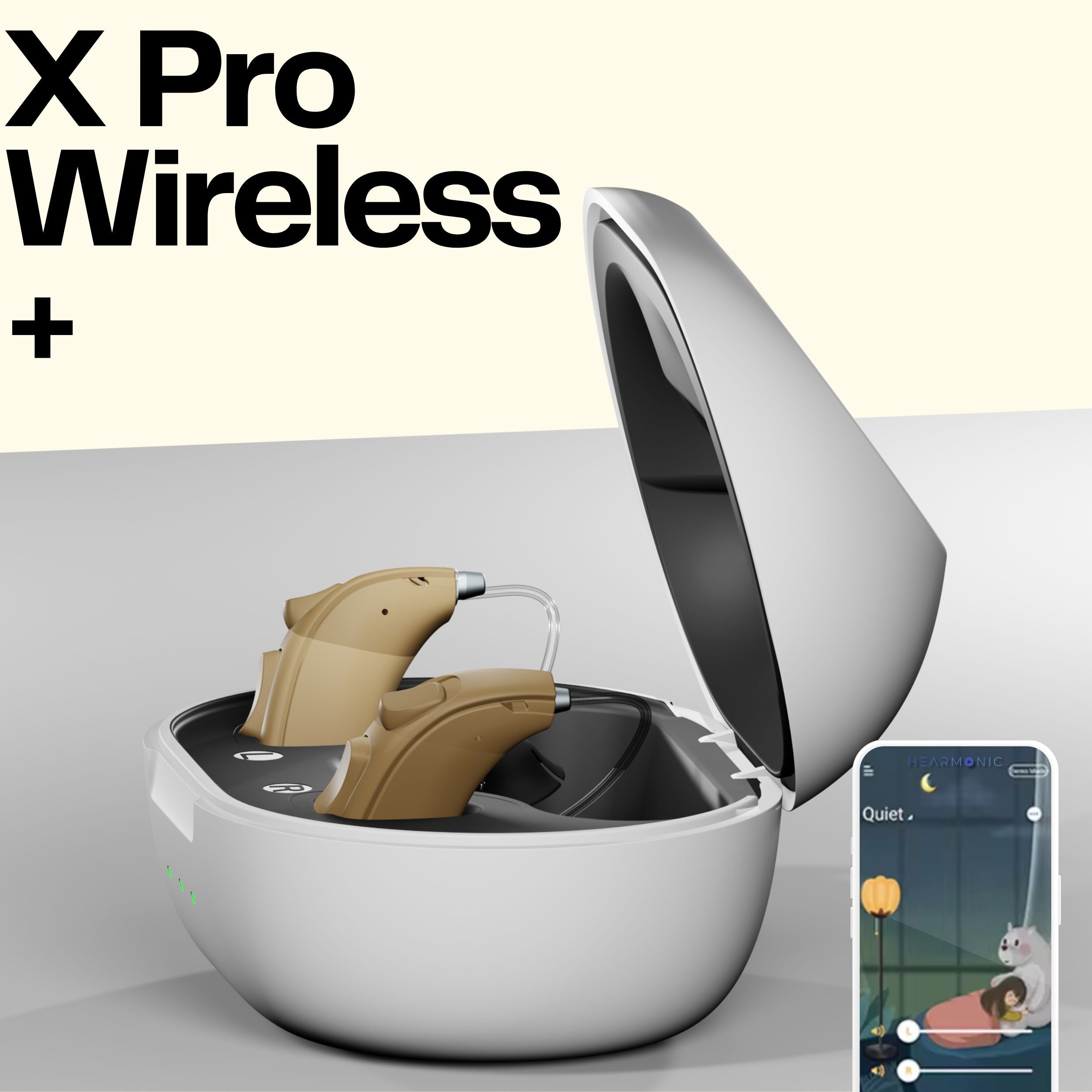 Hearmonic X Pro hearing aid with Bluetooth, case, and app interface.