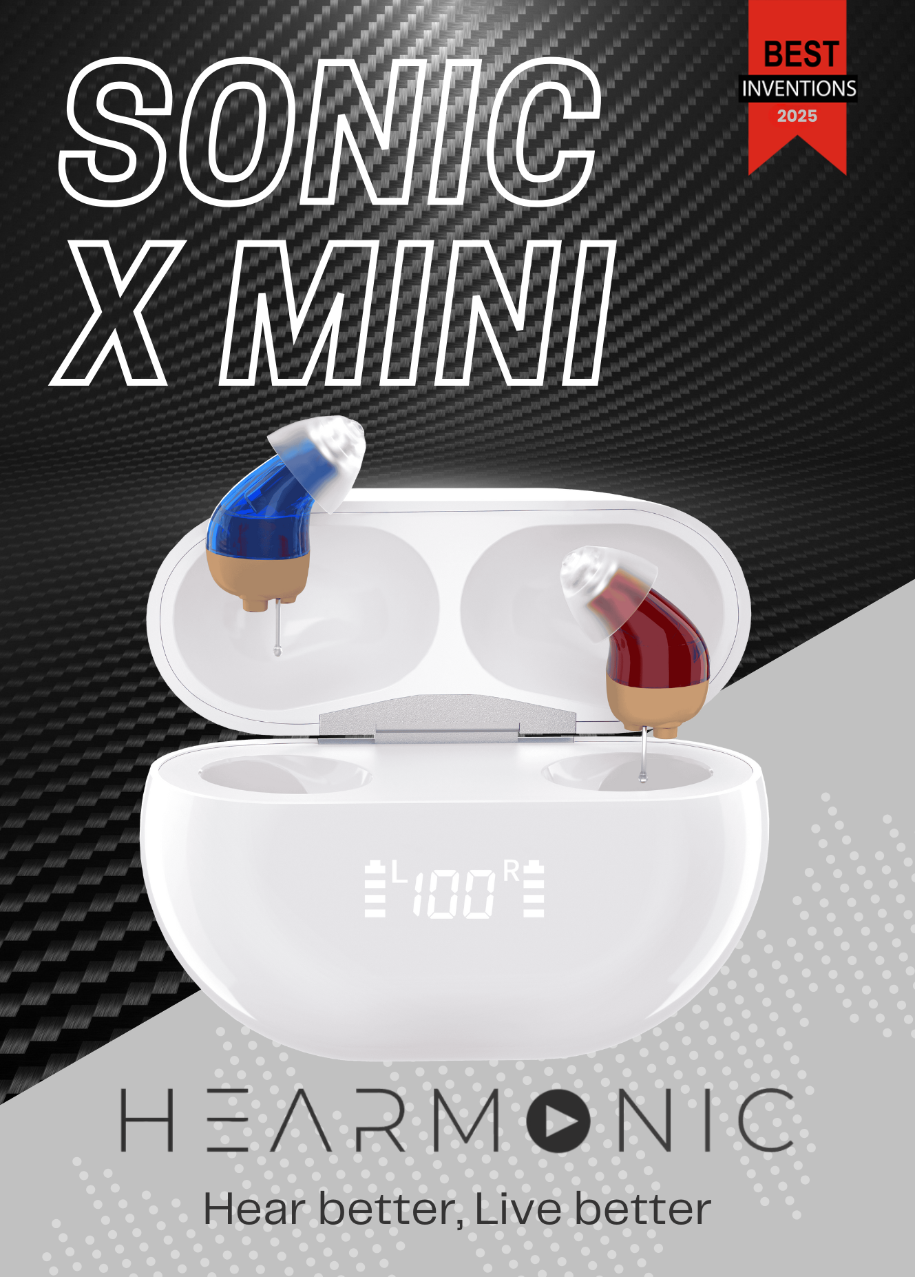 White wireless hearing aids in an open charging case with 'Sonic X Mini' branding on a dark carbon fiber background.