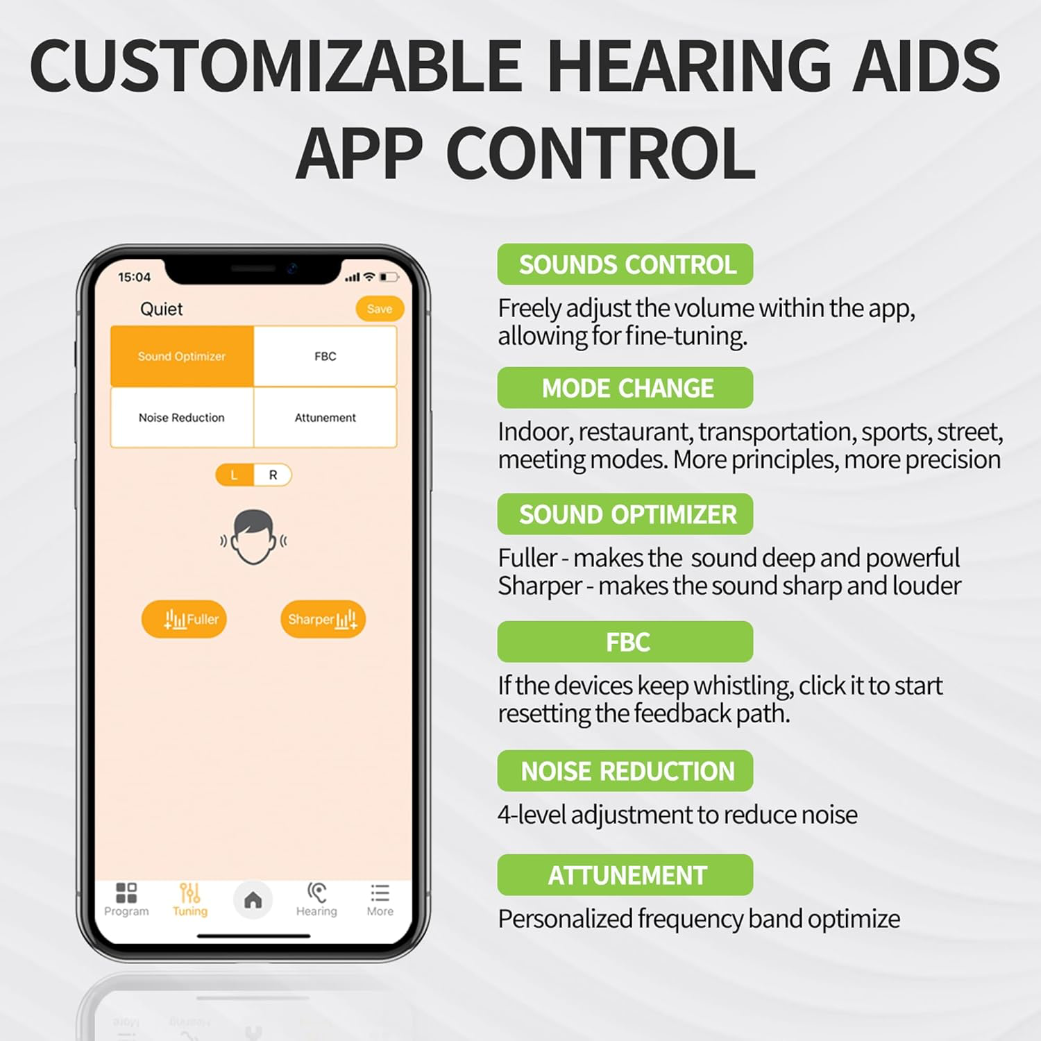 Advanced Bluetooth hearing aid with customizable app controls and noise reduction features.