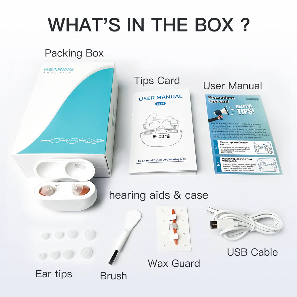 Hearing aid packaging with components listed on a white background